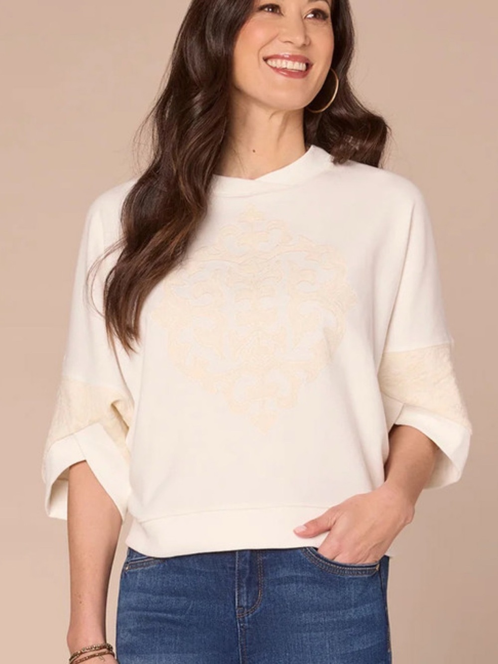 DEMOCRACY Ivory Embellished Dolman Sleeve Sweatshirt, Size S, EUC